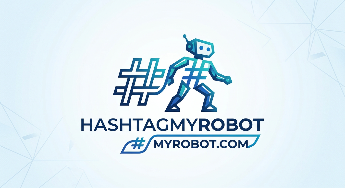 HashtagMyRobot logo: gradient robot striding out of a hashtag above the wordmark