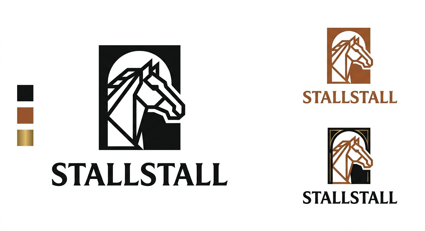 StallStall marque: linework stallion head in arched frame with palette